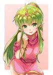  1girl bangs bare_shoulders bracelet dress fire_emblem fire_emblem:_mystery_of_the_emblem green_eyes green_hair hair_ornament highres hirotaka_(hrtk990203) jewelry long_hair looking_at_viewer open_mouth pink_dress pointy_ears ponytail scarf sleeveless sleeveless_dress smile solo tiki_(fire_emblem) very_long_hair 