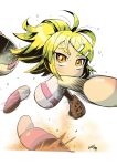  1girl 2020 baseball_cap baseball_mitt baseball_uniform blonde_hair commentary_request floating_hair hair_ornament hairclip hat high_ponytail highres hirekatsu jikkyou_powerful_pro_yakyuu jikkyou_powerful_pro_yakyuu_(style) no_mouth orange_eyes oyama_miyabi ponytail rayman_limbs signature solo sportswear sweatdrop thick_eyebrows throwing unworn_headwear 