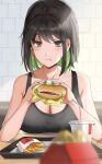  1girl black_hair breasts brown_eyes burger cleavage colored_inner_hair earrings eating fast_food food green_hair highres jewelry large_breasts medium_hair miru_(ormille) mole mole_on_breast mole_under_eye multicolored_hair nail_polish original ormille solo tank_top 