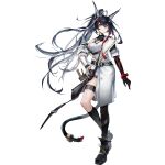  1girl :3 animal_ears antenna_hair arknights asymmetrical_clothes asymmetrical_coat asymmetrical_legwear belt black_belt black_ears black_gloves black_hair black_shoes black_shorts black_socks black_tail black_thighhighs blaze_(arknights) blaze_the_igniting_spark_(arknights) blue_eyes cat_ears cat_girl cat_tail closed_mouth coat elbow_glove elbow_gloves floating_hair full_body gloves hand_on_own_hip high_ponytail highres infection_monitor_(arknights) kneehighs long_hair looking_at_viewer mag_(mag42) official_alternate_costume official_art ponytail shirt shoes shorts simple_background single_elbow_glove single_glove single_kneehigh single_sock single_thighhigh smile socks solo standing tachi-e tail thigh_strap thighhighs third-party_source transparent_background uneven_legwear very_long_hair white_coat white_shirt 