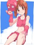  1girl anglerfish animal_costume bangs baseball_cap blue_sky brown_eyes brown_hair eyebrows_visible_through_hair girls_und_panzer gloves hat highres looking_at_viewer midriff monolith_(suibou_souko) navel nishizumi_miho pink_gloves pink_shorts pink_tank_top short_hair shorts sky solo tank_top 