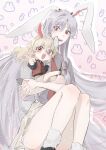  2girls aged_down alternate_costume animal_background animal_ear_hairband animal_ears black_shirt black_shoes blonde_hair blush breasts carrot_background carrying carrying_person child collared_shirt commentary_request crossed_arms fake_animal_ears fang floating_hair hair_between_eyes hairband hand_up highres index_finger_raised junko_(touhou) korean_commentary leg_up long_hair long_sleeves looking_at_another looking_at_viewer loose_socks medium_breasts miniskirt multiple_girls neck_ribbon necktie open_mouth orange_ribbon pink_background pink_skirt pleated_skirt puffy_long_sleeves puffy_sleeves purple_hair rabbit_ears rabbit_girl rabbit_tail red_eyes red_necktie red_vest reisen_udongein_inaba ribbon shirt shoes short_sleeves shorts sidelocks sitting skirt smile socks tail teeth tongue touhou tt_orang v-shaped_eyebrows very_long_hair vest white_hairband white_shirt white_socks yellow_shorts 