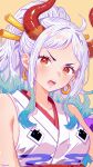  1girl absurdres ahoge aqua_hair artist_name blush breasts collarbone commentary curled_horns earrings english_commentary hair_ornament hair_stick high_ponytail highres hoop_earrings horns japanese_clothes jewelry kimono long_hair long_sidelocks looking_at_viewer multicolored_horns one_piece oni open_mouth orange_horns ponytail red_horns short_bangs sidelocks simple_background sleeveless sleeveless_kimono solo suumii teeth v-shaped_eyebrows wavy_hair white_hair white_kimono yamato_(one_piece) yellow_background 