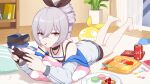  1girl bangs bare_shoulders barefoot book bookshelf bronya_zaychik can chips closed_mouth cola controller curtains drill_hair food fruit full_body grey_eyes grey_hair hair_between_eyes hair_ribbon highres holding holding_controller homu_(honkai_impact) honkai_(series) honkai_impact_3rd in_mouth indoors jacket liumang_tu_shua_p_zhan long_sleeves looking_at_viewer lying macaron on_stomach pillow plant plate playing_games pocky ribbon slippers smile soda_can solo strawberry sweets vase white_jacket window 