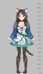  1girl aina_(mao_lian) animal_ear_fluff animal_ears arms_at_sides black_choker black_legwear blue_eyes blue_flower blue_skirt brown_footwear brown_hair cat_ears cat_tail choker cross-laced_footwear flower fold-over_boots hair_flower hair_ornament height_chart highres long_sleeves looking_at_viewer mao_lian_(nekokao) original pantyhose skirt smile solo tail 