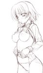  :&lt; blush breasts cameltoe greyscale large_breasts long_sleeves monochrome nipples no_bra panties school_uniform shirt_lift short_hair sin-go sketch skirt skirt_lift solo tears to_heart_2 tonami_yuma underwear 