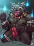  2018 5_fingers anthro balls bandage bna_v5 canine collar erection front_view fur grey_fur hi_res kneeling looking_at_viewer male mammal nipples open_mouth outside penis scar signature solo spiked_collar spikes tongue tongue_out vein veiny_penis wolf 
