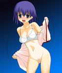  a1 ass_visible_through_thighs blue_background blue_eyes blush bottomless bra gradient gradient_background lingerie long_sleeves mismatched_pubic_hair navel one-piece_tan open_clothes open_mouth open_shirt pubic_hair purple_hair pussy school_uniform serafuku shirt short_hair solo standing tan tanline tears to_heart_2 tonami_yuma underwear undressing white_bra 