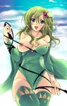  bad_id bad_pixiv_id blush breasts cameltoe detached_sleeves final_fantasy final_fantasy_iv flieger green_hair green_leotard large_breasts leotard long_hair purple_eyes rydia solo thighhighs whip wide_hips 