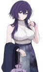  1girl a_dayo00 asahina_mafuyu bag bare_arms black_jacket breasts cowboy_shot grey_skirt hair_between_eyes hair_lift hand_up handbag hashtag-only_commentary high-waist_skirt highres holding holding_bag jacket jellyfish_cut jewelry large_breasts long_hair long_skirt looking_at_viewer necklace official_alternate_costume official_alternate_hairstyle parted_lips project_sekai purple_bag purple_eyes purple_hair ribbed_sweater sidelocks simple_background skirt sleeveless sleeveless_sweater sleeveless_turtleneck solo sweater sweater_tucked_in turtleneck turtleneck_sweater unworn_jacket white_background white_sweater zozotown 