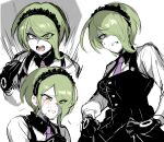  1girl angry bangs black_dress black_gloves blush clenched_teeth commentary_request crying danganronpa_(series) danganronpa_v3:_killing_harmony dress eyes_visible_through_hair gloves green_eyes hair_over_one_eye hand_up highres long_sleeves looking_at_viewer maid_headdress necktie open_mouth pale_skin pink_neckwear portrait shiny shiny_hair shirt short_hair simple_background spider_web_print suurin_(ksyaro) sweat tears teeth toujou_kirumi 
