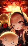  2girls absurdres banana_(girls&#039;_frontline) blonde_hair commentary_request double_v explosion fangs girls&#039;_frontline headgear highres huge_filesize m4_sopmod_ii_(girls&#039;_frontline) m4_sopmod_ii_jr multicolored_hair multiple_girls mushroom_cloud nerkia nuclear_explosion one_eye_closed open_mouth red_eyes red_hair streaked_hair v 