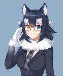  1girl animal_ears artist_request black_hair blue_eyes blush breast_pocket breasts cleavage eyebrows_visible_through_hair fang fur_collar glasses gloves grey_wolf_(kemono_friends) heterochromia highres kemono_friends large_breasts looking_at_viewer multicolored_hair pocket red-framed_eyewear two-tone_hair white_gloves white_hair wolf_ears wolf_girl 
