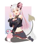  1girl :d arm_support bare_shoulders belt between_breasts black_shirt black_shoes black_skirt black_sleeves black_thighhighs black_vest blush breasts cleavage cleavage_cutout clothing_cutout collared_shirt commentary_request cone_hair_bun crop_top cropped_shirt cropped_vest demon_girl demon_horns demon_tail detached_sleeves double_bun frilled_skirt frills gradient_hair grey_hair hair_bun haniwa_(leaf_garden) headgear high_heels highres horns kanikama_(suou_patra) long_hair long_sleeves lowleg lowleg_skirt medium_breasts midriff miniskirt multi-source_commentary multicolored_hair nail_polish nanashi_inc. narrow_waist navel necktie necktie_between_breasts open_clothes open_mouth open_vest orange_eyes pink_hair pink_nails pink_streaks platform_heels platform_shoes pleated_skirt pointy_ears raised_eyebrows red_belt red_horns red_necktie shirt shoes side_up_bun sitting skirt sleeveless sleeveless_shirt smile solo stirrup_legwear streaked_hair suou_patra suou_patra_(1st_costume) sweat tail thighhighs toeless_legwear v very_long_hair very_sweaty vest virtual_youtuber wariza wide_hips 