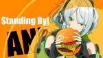  1girl anby_demara bare_shoulders black_gloves braid burger commentary_request eating english_commentary fingerless_gloves food gloves headphones highres holding holding_burger holding_food kurimako looking_at_viewer mixed-language_commentary orange_eyes parted_bangs short_hair single_braid solo upper_body white_hair zenless_zone_zero 
