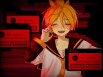  1boy adjusting_headset bass_clef black_sailor_collar blonde_hair closed_eyes commentary_request english_text error_message hair_between_eyes headset kagamine_len male_focus myang_(_0_0_o_o_) nail_polish neckerchief open_mouth red_theme sailor_collar shirt solo vocaloid white_shirt window_(computing) yellow_neckerchief 