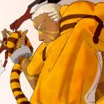  1boy 1girl animal_costume animal_print buzz_cut commentary_request crew_cut dark-skinned_male dark_skin dloelat emiya_alter fate/grand_order fate_(series) hug jaguarman_(fate) kanshou_&amp;_bakuya_(fate) short_hair tiger_costume tiger_print very_short_hair white_hair 