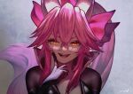  1girl animal_ear_fluff animal_ears bangs black_bodysuit bodysuit bow breasts choker cleavage fate/grand_order fate_(series) fox_ears fox_girl fox_tail glasses hair_between_eyes hair_bow highres koyanskaya_(fate) large_breasts long_hair looking_at_viewer open_mouth pink_bow pink_hair ponytail sidelocks smile solo tail tamamo_(fate) wanko_(realsight) yellow_eyes 