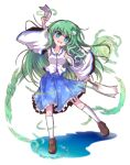  1girl arm_up armpits blue_skirt brown_footwear detached_sleeves eyebrows_visible_through_hair frilled_skirt frills frog_hair_ornament full_body gohei green_eyes green_hair hair_ornament highres holding kochiya_sanae long_hair looking_at_viewer open_mouth shen_li shoes skirt snake_hair_ornament socks solo standing touhou transparent_background white_legwear wide_sleeves 