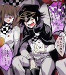  1girl 3boys :d bangs black_cape black_hair black_headwear blush buttons cape checkered checkered_neckwear checkered_scarf closed_eyes covered_eyes danganronpa_(series) danganronpa_v3:_killing_harmony dice_members_(danganronpa) double-breasted fat fat_man grey_jacket hair_between_eyes jacket laughing multiple_boys open_mouth ouma_kokichi purple_hair red_nose scarf sitting smile speech_bubble suurin_(ksyaro) translation_request upper_teeth white_eyepatch 