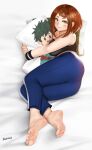  1girl ass bangs barefoot bed_sheet black_shirt blue_pants blush boku_no_hero_academia breasts brown_eyes brown_hair character_pillow closed_mouth commentary_request crop_top easonx feet foot_focus foreshortening full_body highres large_breasts looking_at_viewer lying md5_mismatch midoriya_izuku on_side pants pillow pillow_hug shirt short_hair signature smile soles solo toes u.a._gym_uniform uraraka_ochako wrist_cuffs 