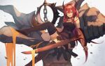  1girl arknights bare_shoulders commentary highres horns long_hair looking_at_viewer molten_rock mutsuki_albino purple_eyes red_hair simple_background slit_pupils solo surtr_(arknights) thigh_strap 