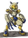  1boy arm_blade assault_visor claw_(weapon) commentary_request full_body green-tinted_eyewear highres humanoid_robot male_focus medarot mota_saru robot simple_background solo standing sumilidon tinted_eyewear weapon white_background 