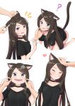  1girl ? absurdres aina_(mao_lian) all_fours anger_vein animal_ear_fluff animal_ears barefoot black_choker black_hair blue_eyes blush bottomless cat_ears cat_tail cheek_pinching chin_tickle choker closed_eyes collarbone ear_fondling eyebrows_visible_through_hair fang headpat heart highres long_hair mao_lian_(nekokao) multiple_views open_mouth original pinching profile shirt slit_pupils solo_focus t-shirt tail white_background 