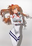  1girl blue_eyes breasts commentary covered_navel evangelion:_3.0+1.0_thrice_upon_a_time eyepatch fadingz gloves grey_background highres light_smile long_hair looking_at_viewer medium_breasts neon_genesis_evangelion orange_hair parted_lips pixiv_id plugsuit rebuild_of_evangelion signature solo souryuu_asuka_langley standing thighs white_gloves 