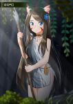  1girl absurdres aina_(mao_lian) animal_ear_fluff animal_ears blue_eyes blue_flower blurry blurry_background blurry_foreground brown_hair cat_ears cat_tail closed_mouth cowboy_shot facial_mark flintstone flower hair_flower hair_ornament highres holding holding_polearm holding_spear holding_weapon long_hair looking_at_viewer mao_lian_(nekokao) original polearm rags robe smile solo spear standing tail translation_request two-handed very_long_hair weapon white_robe 