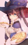  1girl blue_eyes breasts dress earrings eating food fur_trim genshin_impact hair_ornament hat highres jewelry looking_at_viewer mona_(genshin_impact) pizza plate purple_hair rein_(rain_0007) smile twintails witch_hat 