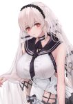  1girl absurdres azur_lane black_choker black_neckwear black_sailor_collar bow_dress breasts choker clothing_cutout dress dress_flower feather_dress flower formidable_(azur_lane) formidable_(timeless_classics)_(azur_lane) hair_ornament highres hitsuji_(sheepsb22) huge_breasts long_hair looking_at_viewer navel_cutout official_alternate_costume red_eyes red_nails sailor_collar simple_background sleeveless sleeveless_dress solo twintails two-tone_dress two-tone_ribbon upper_body veil very_long_hair white_background white_dress white_flower white_hair 