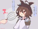  1girl agnes_tachyon_(umamusume) ahoge animal_ears bangs bound brown_hair commentary_request earrings eyebrows_visible_through_hair hair_between_eyes holding horse_ears horse_girl jewelry kyutai_x labcoat long_sleeves partial_commentary red_eyes scalp_massager short_hair single_earring sleeves_past_fingers sleeves_past_wrists solo_focus tied_up translated trembling twitter_username umamusume 