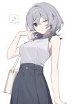  1girl bag black_skirt breasts commentary_request eighth_note grey_eyes grey_hair grey_shirt hair_between_eyes hand_up handbag high-waist_skirt hijiri_(resetter) low-cut_armhole medium_breasts musical_note original ribbed_shirt shirt shoulder_bag simple_background skirt sleeveless sleeveless_shirt solo spoken_musical_note turtleneck turtleneck_shirt white_background 