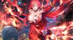  4girls action_taimanin alley astaroth_(taimanin) bare_shoulders bracelet breast_tattoo breasts brown_hair clothing_cutout collar curvy earrings elbow_gloves eyebrows_visible_through_hair eyes_visible_through_hair feather_trim fire fishnets flame game_cg gloves hair_between_eyes hair_wings hammer highres huge_breasts huge_weapon jewelry long_hair mikagami_haru_(taimanin) multiple_girls navel navel_cutout out_of_frame red_eyes red_hair revealing_clothes sharp_teeth short_hair silhouette smile striped striped_gloves taimanin_(series) tattoo teeth very_long_hair war_hammer watarase_tsumugi_(taimanin) weapon yellow_eyes 