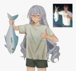  1girl alternate_costume animal bad_id bad_twitter_id black_shorts bronya_rand closed_mouth clothes_writing commentary earrings english_commentary fish grey_background grey_eyes grey_hair grey_shirt hair_between_eyes highres holding holding_animal holding_fish honkai:_star_rail honkai_(series) jewelry long_hair looking_at_viewer photo-referenced photo_inset rena_(rrena) shirt shorts simple_background sparkle thumbs_up 