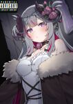  1girl absurdres animal_ears breasts chikafuji_lisa chromashift colored_inner_hair commentary cross cross_necklace dress earrings english_commentary flower fur-trimmed_jacket fur_trim grey_hair highres horn_flower horns jacket jewelry long_hair multicolored_hair necklace open_clothes open_jacket pink_flower purple_eyes red_hair sheep_ears sheep_girl sheep_horns solo streaked_hair valefal_coneri virtual_youtuber white_dress 
