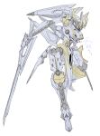  dual_wielding head_tilt highres holding ikaruga_(knight&#039;s_&amp;_magic) knight&#039;s_&amp;_magic looking_at_viewer mecha no_humans red_eyes sketch solo sts v-fin white_background 