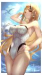  1boy 1girl absurdres arm_up armpits bangs blonde_hair blue_sky breasts cleavage closed_mouth cloud cloudy_sky dragon earrings hair_between_eyes hair_ornament hand_on_hip highres jewelry long_hair looking_at_viewer mythra_(xenoblade) one-piece_swimsuit rex_(xenoblade) shiburingaru sky smile swimsuit tiara white_swimsuit xenoblade_chronicles_(series) xenoblade_chronicles_2 yellow_eyes 
