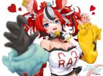 1girl absurdres animal_ears animal_on_head black_gloves black_hair blue_eyes breasts cleavage collar gloves hakos_baelz heart highres hololive hololive_english large_breasts mouse mouse_ears mouse_tail multicolored_hair off-shoulder_shirt off_shoulder on_head open_hands red_hair red_nails shirt single_glove solo spiked_collar spikes streaked_hair tail upper_body virtual_youtuber white_background white_hair white_shirt yo_na 