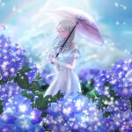  1girl bare_shoulders blue_eyes blue_flower bow breasts bush cloud dress flower grey_hair highres holding holding_umbrella hydrangea igap leaf original outdoors rainbow sky solo umbrella white_dress 