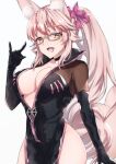  1girl absurdres animal_ear_fluff animal_ears bangs black_bodysuit blush bodysuit bow breasts center_opening choker cleavage fang fate/grand_order fate_(series) fox_ears fox_girl fox_shadow_puppet fox_tail glasses hair_between_eyes hair_bow highres hip_vent koyanskaya_(fate) large_breasts long_hair looking_at_viewer open_mouth pink_bow pink_hair ponytail sidelocks smile solo tail tamamo_(fate) thighs yellow_eyes yu_sakae 