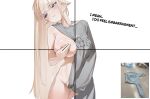  1girl absurdres asymmetrical_clothes autopaizuri autopaizuri_under_clothes blonde_hair blush breasts brooklyn_sweater bulge commentary_request covering_one_breast covering_privates cowboy_shot english_text enid_(tagua) futanari head_tilt highres huge_breasts huge_penis large_breasts long_hair masturbation no_bra no_panties original paizuri penis photo_inset purple_eyes reference_inset simple_background solo tagua testicle_slip very_long_hair white_background 