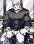  1boy alternate_costume animal_ears arknights bara belt black_belt black_sweater black_tank_top bulge casual chain_necklace coffee_mug cup furry furry_male graysheartart highres large_pectorals looking_at_viewer male_focus mountain_(arknights) mug muscular muscular_male pants pectorals scar scar_across_eye short_hair sleeves_rolled_up smile solo sweater tank_top tiger_boy tiger_ears white_fur white_hair white_pants window 