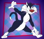 2026 3_toes 4_fingers alternate_version_at_paywall anthro belly bending_down bent_down big_butt biped black_body black_eyes black_fur butt checkered checkered_background cheek_tuft colored curling_tail curvy_figure digital_drawing_(artwork) digital_media_(artwork) dipstick_tail domestic_cat exercise facial_tuft feet felid feline felis fingers flat_colors fur gavanzude gloves_(marking) hand_on_foot hand_on_own_foot head_tuft hi_res humanoid_heel leg_markings lines_drawn looking_at_own_foot looking_down looking_down_at_foot looking_down_at_self looney_tunes male mammal markings nude pattern_background pinup plantigrade pose raised_heel red_nose signature simple_background slightly_chubby slightly_chubby_anthro slightly_chubby_male smile smirk socks_(marking) solo standing standing_on_toes sylvester_(looney_tunes) tail tail_markings tiptoes toes tuft tuxedo_cat warner_brothers whisker_spots whiskers white_belly white_body white_feet white_fur white_hands white_sclera white_tail_tip wide_hips