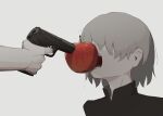  1boy 1other absurdres apple avogado6 black_shirt commentary covered_eyes eating finger_on_trigger food fruit grey_hair gun gun_to_head hair_over_eyes highres holding holding_gun holding_weapon open_mouth original red_apple shirt simple_background weapon white_background 