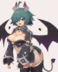  1girl :d ahoge black_bra black_footwear black_gloves black_skirt black_wings boots bra breasts cleavage commentary demon_girl demon_horns demon_tail eyebrows_visible_through_hair fang fingerless_gloves gem gloves gradient gradient_wings green_hair hair_over_one_eye highres horns jewelry large_breasts long_sleeves looking_at_viewer miniskirt multicolored multicolored_wings necklace open_mouth original pointy_ears purple_eyes short_hair shrug_(clothing) side_slit simple_background skirt smile solo spread_wings symbol-only_commentary tail thigh_boots thighhighs underbust underwear white_background wide_sleeves wing_collar wings yonaga 