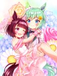  2girls animal_ears arms_around_neck bare_shoulders blue_eyes blush bow bowtie bridal_veil brown_hair carrying closed_mouth commentary dress ear_covers ear_flower floral_background flower grey_hair highres horse_ears horse_girl horse_tail jacket long_sleeves multiple_girls nishino_flower_(sweet_juneberry)_(umamusume) nishino_flower_(umamusume) off-shoulder_dress off_shoulder official_alternate_costume one_eye_closed open_mouth pink_dress princess_carry purple_eyes seiun_sky_(soiree_de_chaton)_(umamusume) seiun_sky_(umamusume) shirt short_hair single_ear_cover smile sugimotty_nova tail umamusume veil wedding_dress white_jacket white_shirt yuri 