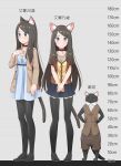  1girl absurdres aina_(mao_lian) animal animal_ear_fluff animal_ears black_cat black_choker black_legwear blue_dress blue_eyes blue_skirt blush brown_hair brown_jacket cat cat_ears cat_tail character_age character_name choker closed_mouth clothed_animal dress hand_on_own_chest height_chart highres jacket jewelry long_hair long_sleeves looking_at_viewer mao_lian_(nekokao) miniskirt multiple_views no_shoes open_clothes open_jacket original pantyhose pigeon-toed pleated_skirt ring shirt short_dress skirt smile tail translation_request v_arms wedding_band yellow_shirt 