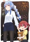  2girls animal_ear_fluff animal_ears bangs blue_hair braid collared_shirt fireworks hair_ribbon heterochromia highres hololive houshou_marine kaname_(melaninusa09) long_hair long_sleeves multiple_girls pantyhose rabbit_ears rabbit_girl red_eyes red_hair ribbon shirt stuffed_animal stuffed_toy teddy_bear twin_braids twintails usada_pekora virtual_youtuber yellow_eyes younger 